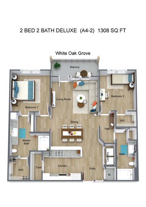 Floor plan for 2 beds, 2 baths, 1308 sqft